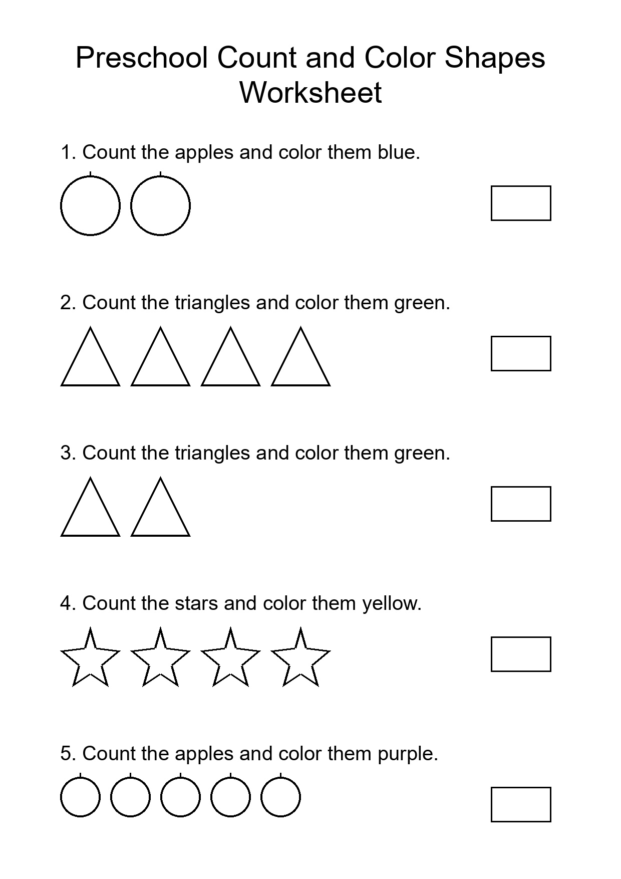 Preschool Count and Color Shapes Worksheet
