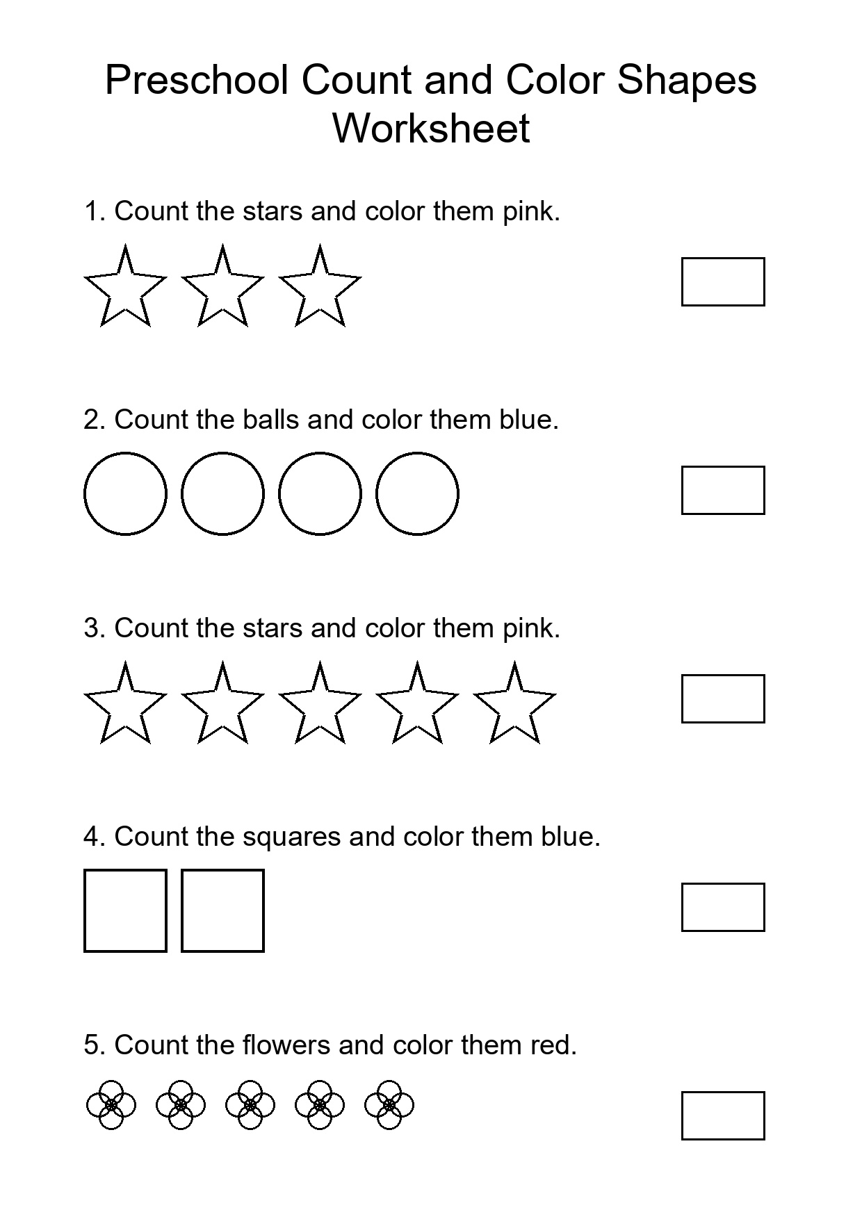 Preschool Count and Color Shapes Worksheet