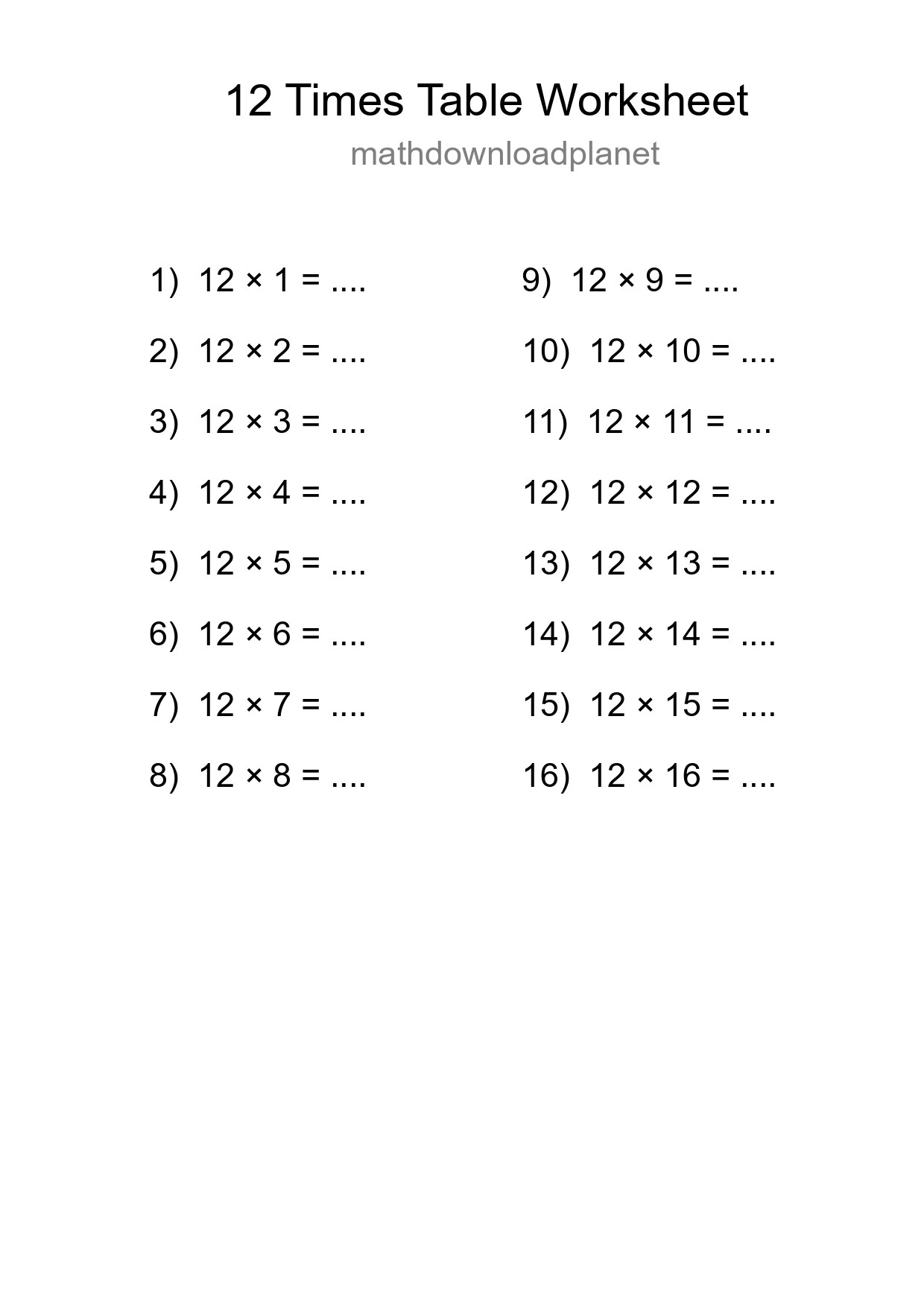 Printable 12 Times Table Worksheet For Grade 4 - Part 262