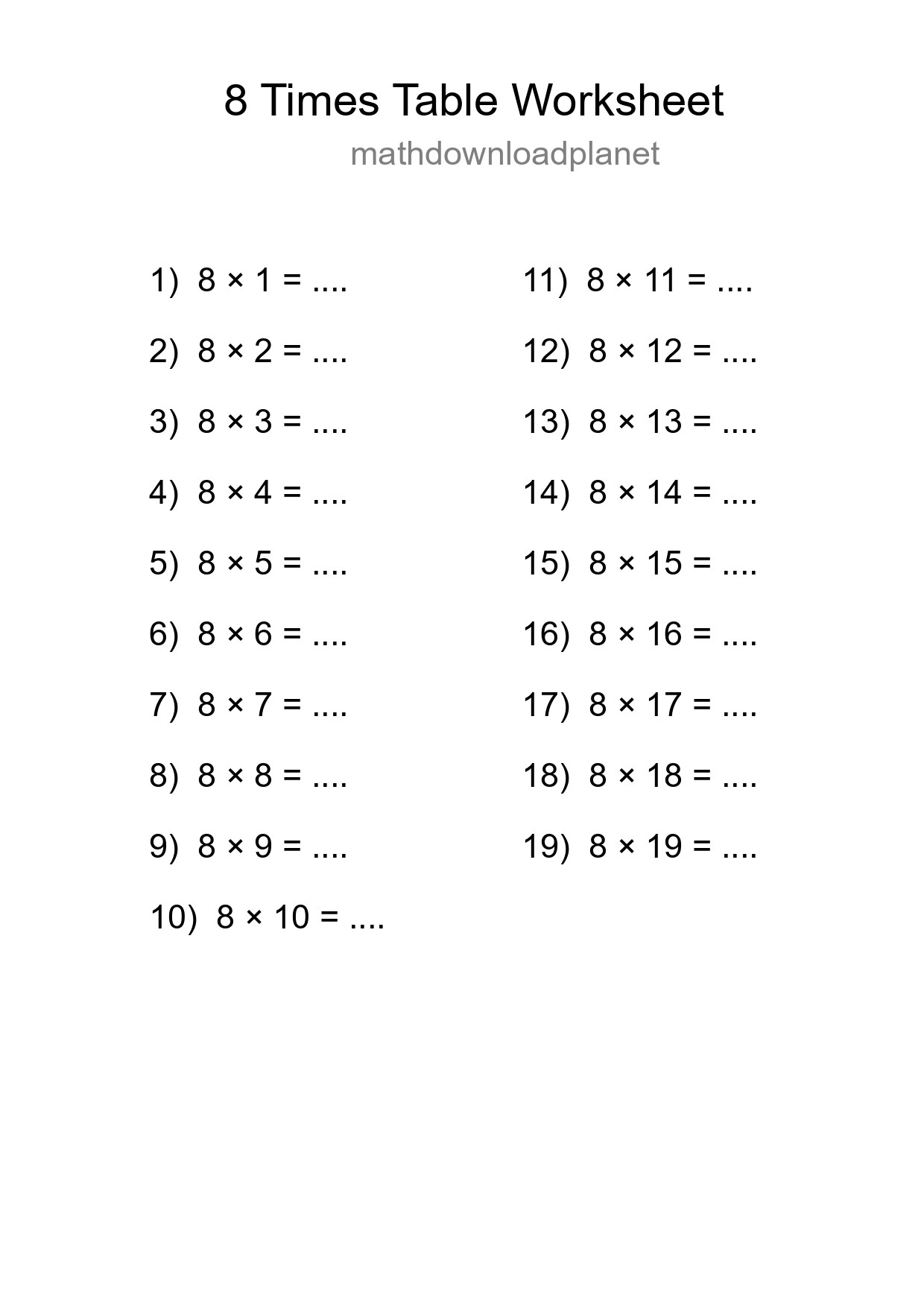 Printable 8 Times Table Worksheet For Grade 3 - Part 75