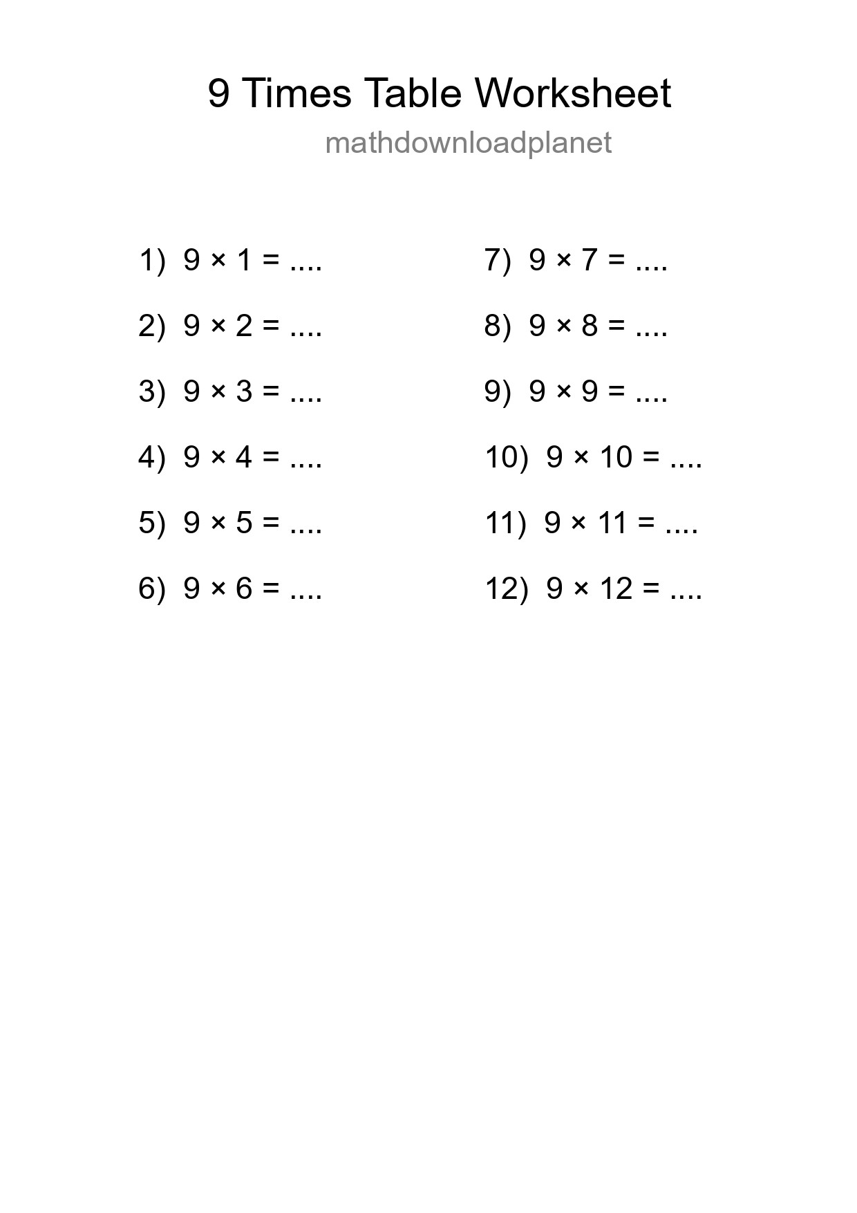 Printable 9 Times Table Worksheet For Grade 3 - Part 64