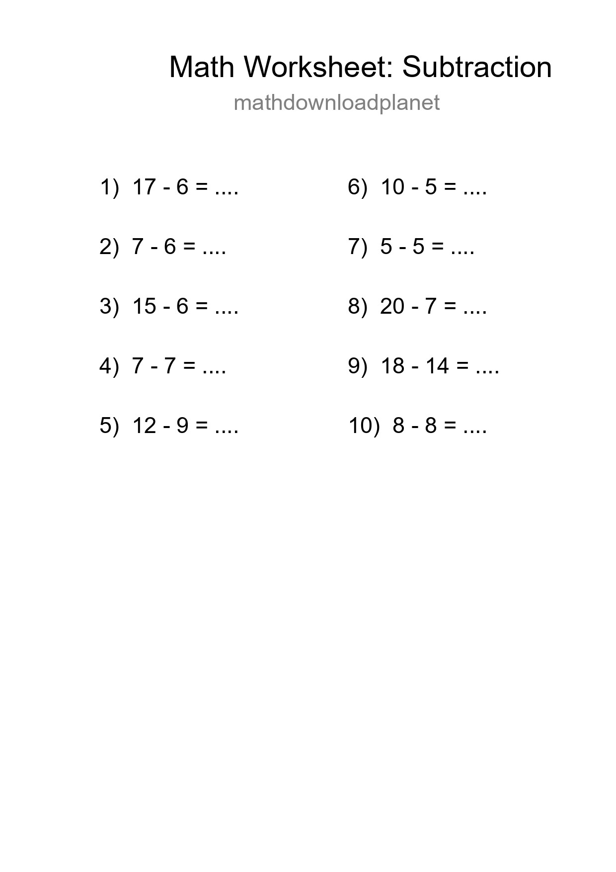 Printable Free 10 Subtraction Math Worksheet For Grade 2 - Part 283