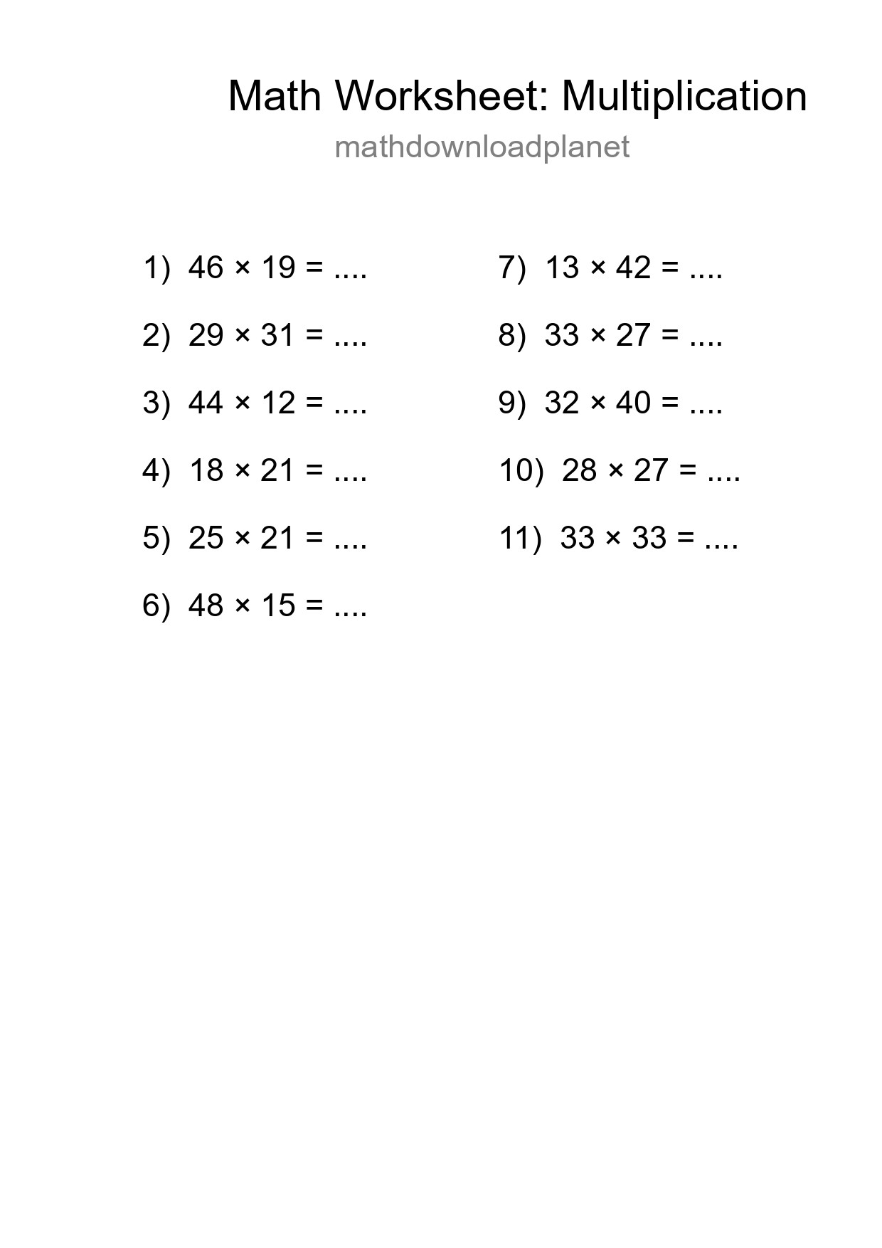 Printable Free 11 Multiplication Math Worksheet For Grade 2 - Part 205