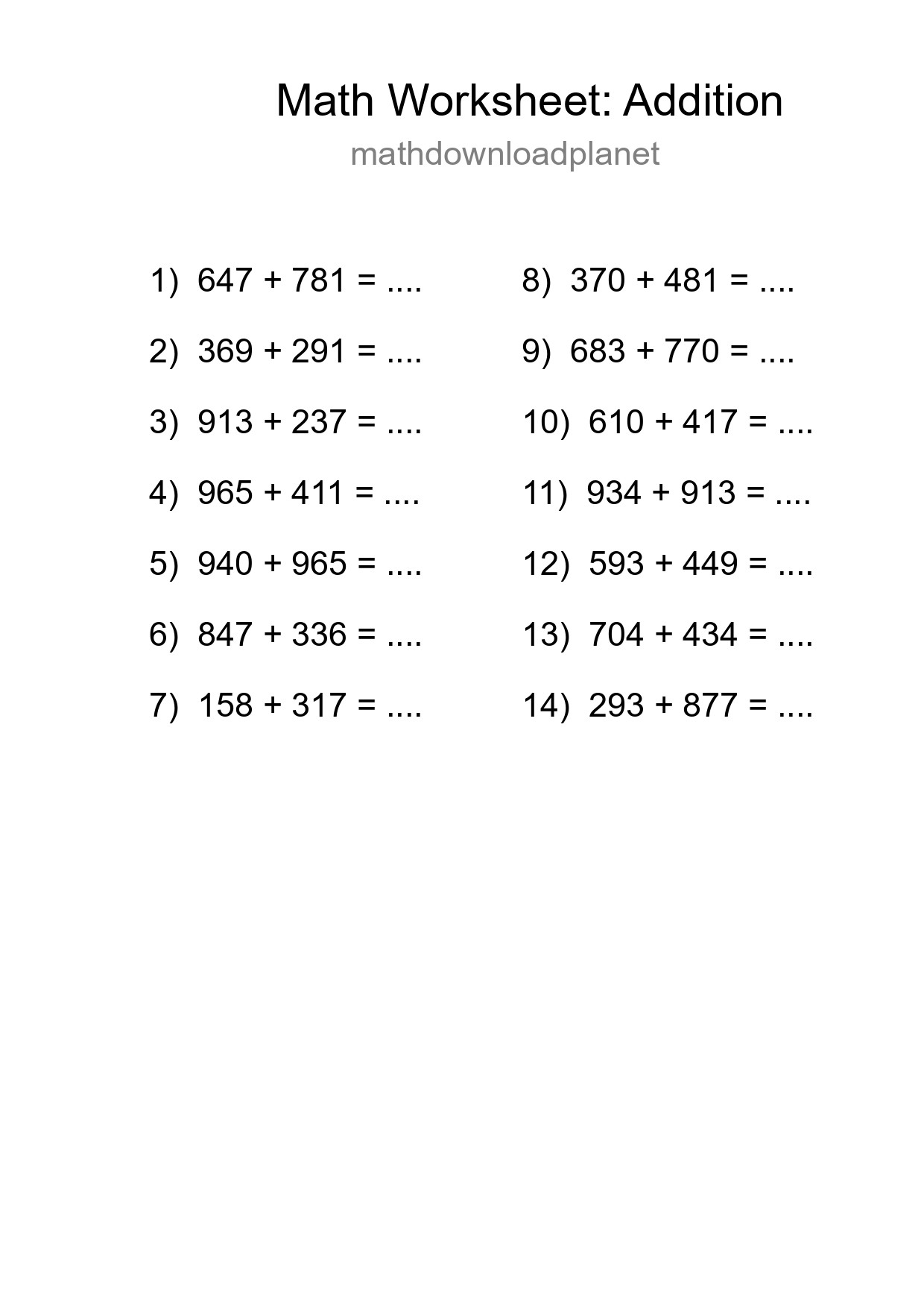 Printable Free 14 Addition Math Worksheet For Grade 5