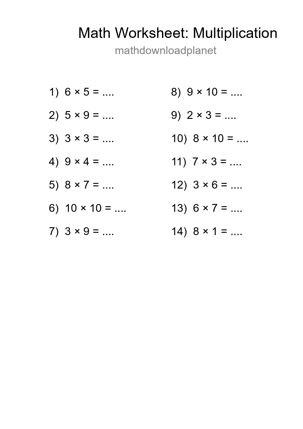 Printable Free 14 Multiplication Math Worksheet For Grade 1 - Part 249