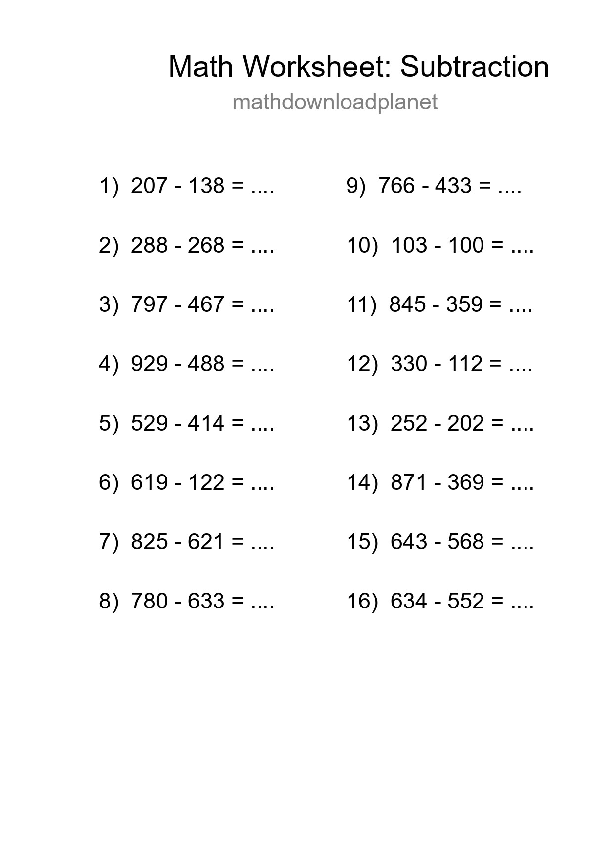 Printable Free 16 Subtraction Math Worksheet For Grade 5 - Part 129