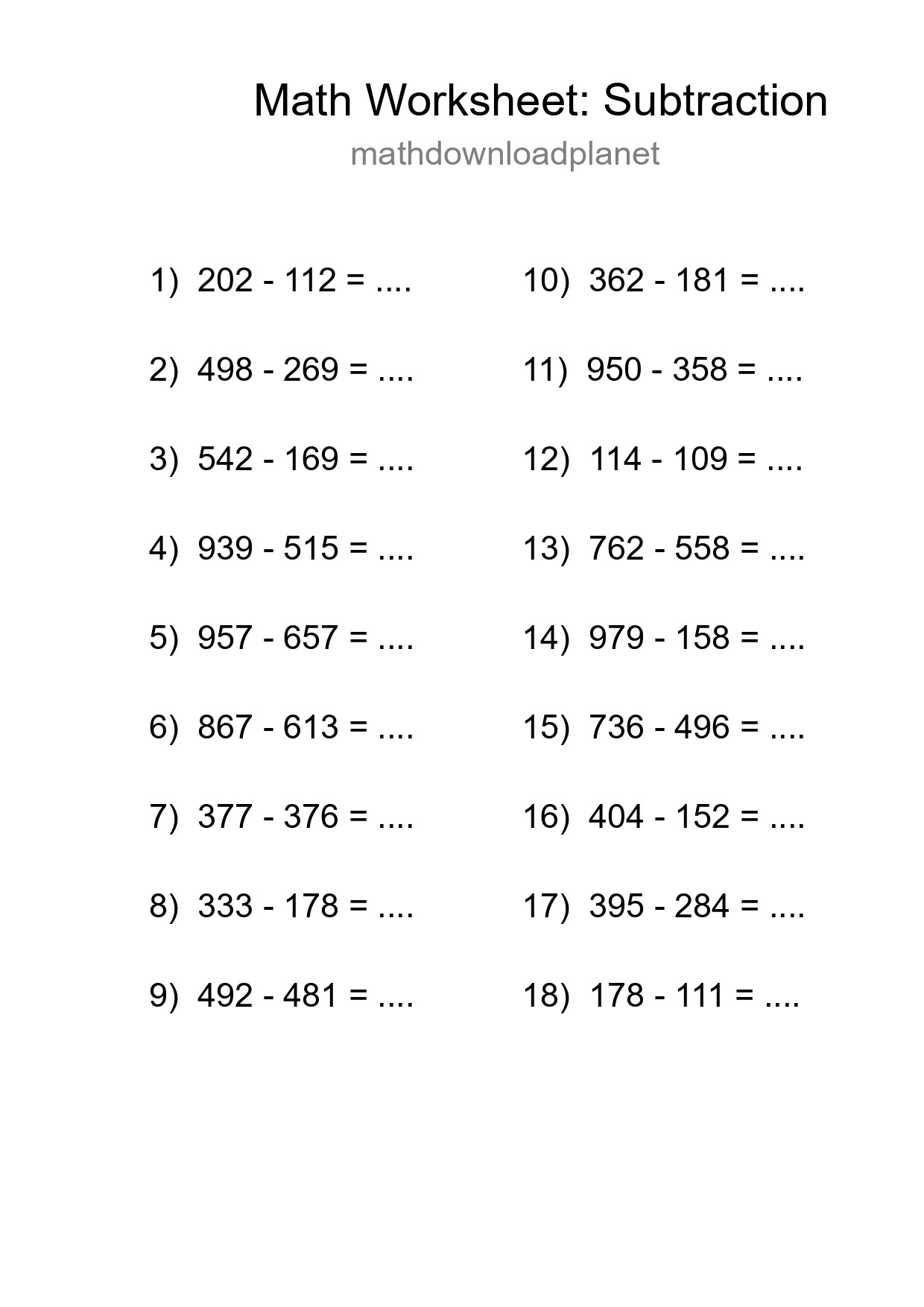 Printable Free 18 Subtraction Math Worksheet For Grade 5 - Part 162