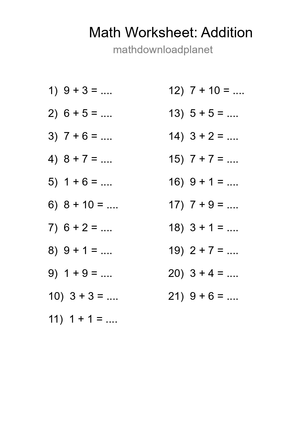 Printable Free 21 Addition Math Worksheet For Grade 1 - Part 210