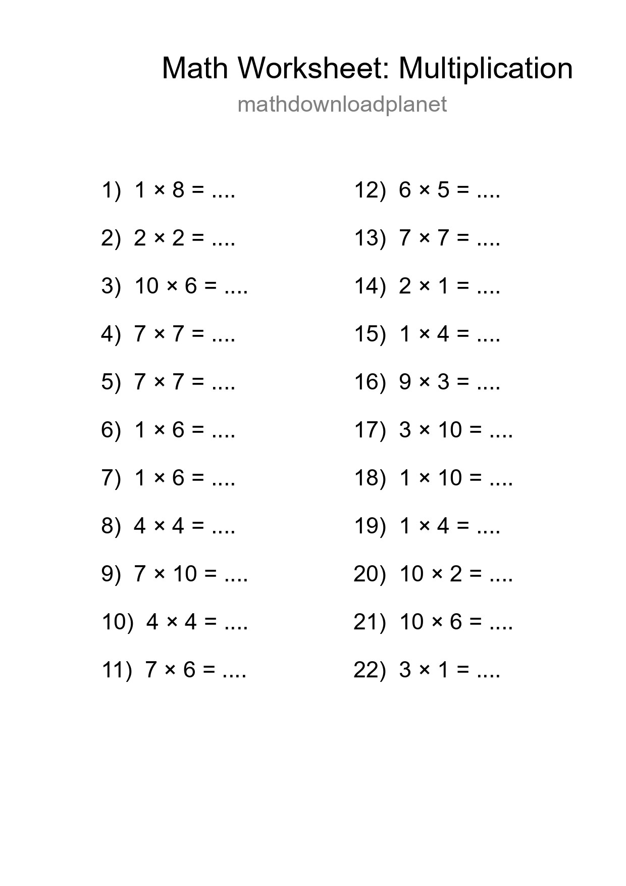 Printable Free 22 Multiplication Math Worksheet For Grade 1 - Part 84