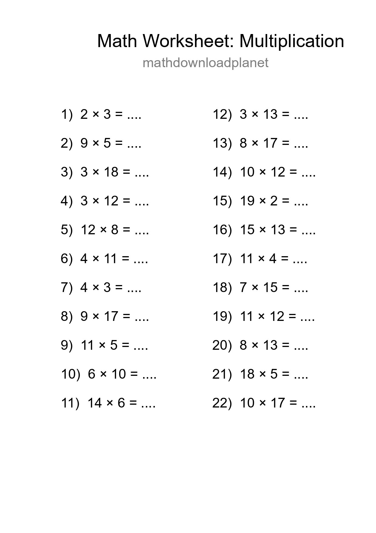 Printable Free 22 Multiplication Math Worksheet For Grade 2 - Part 106