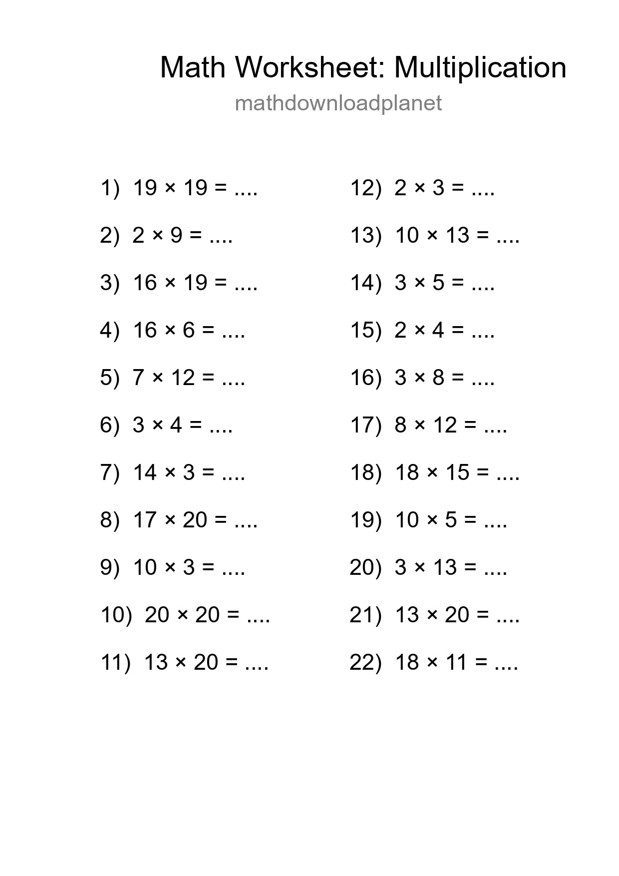 Printable Free 22 Multiplication Math Worksheet For Grade 2 - Part 260