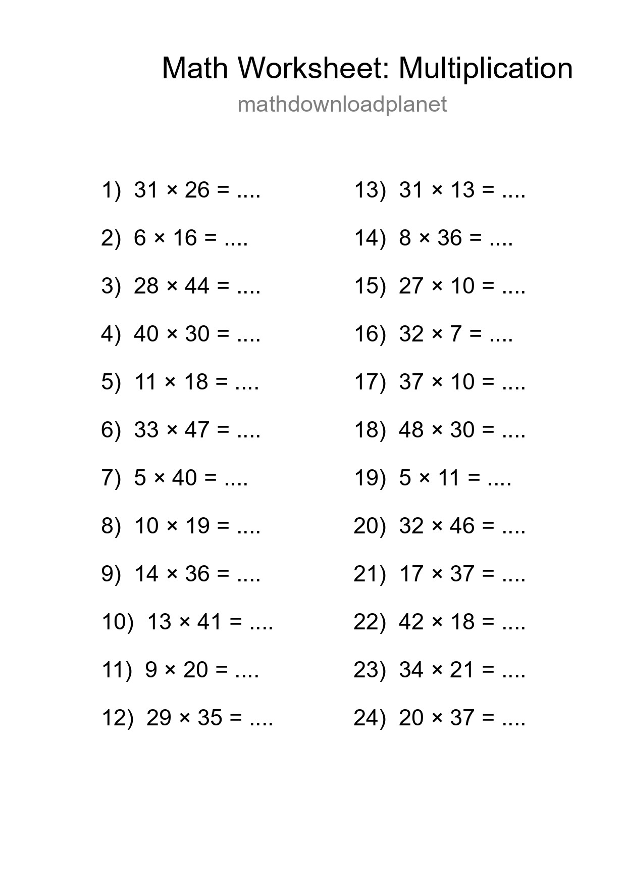 Printable Free 24 Multiplication Math Worksheet For Grade 2 - Part 194