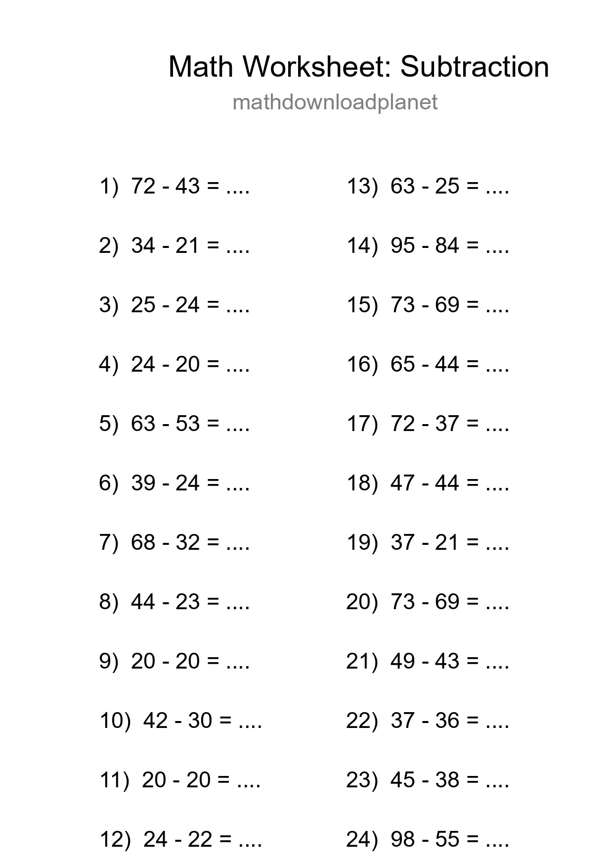 Printable Free 24 Subtraction Math Worksheet For Grade 3 - Part 217