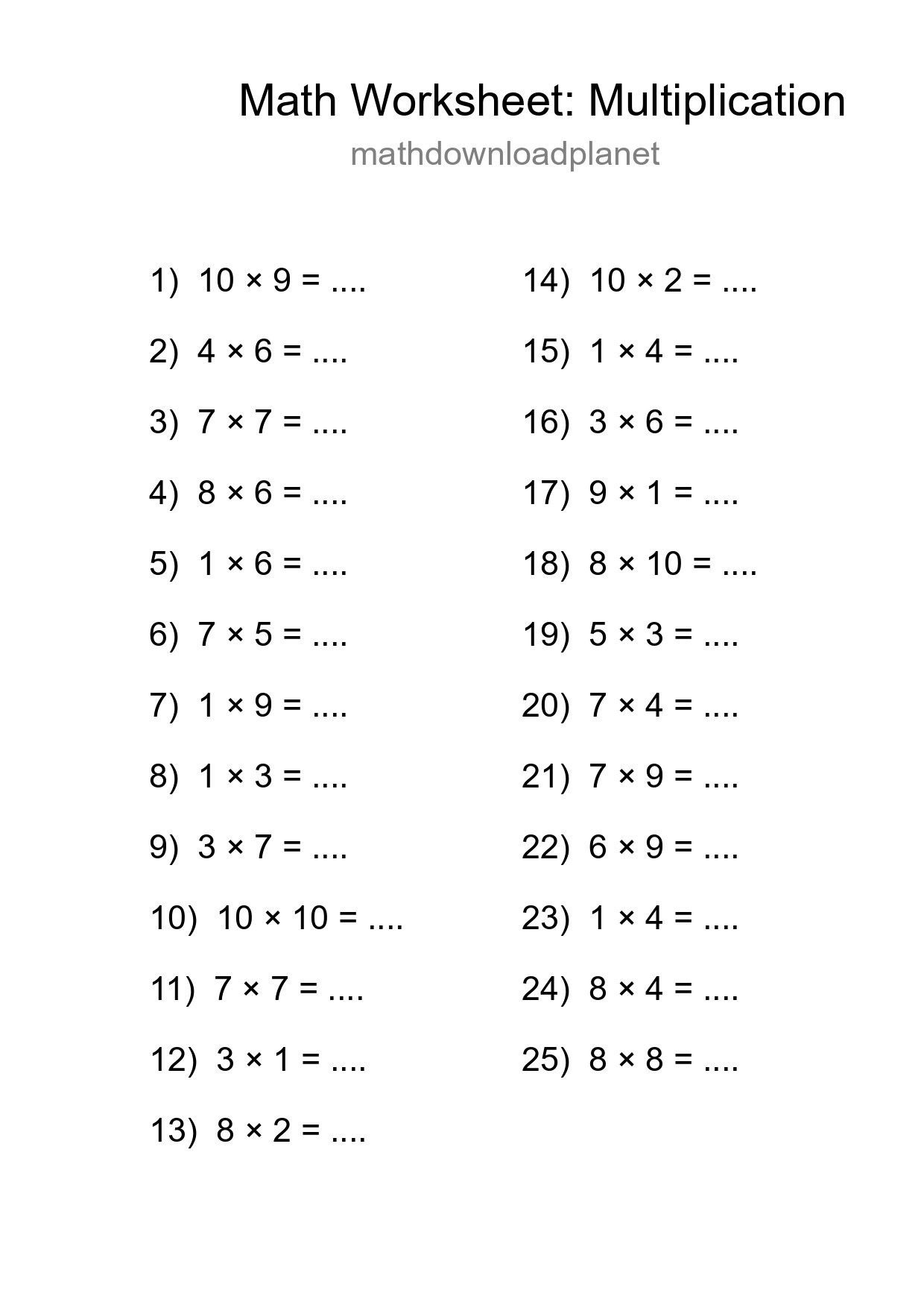 Printable Free 25 Multiplication Math Worksheet For Grade 1 - Part 29
