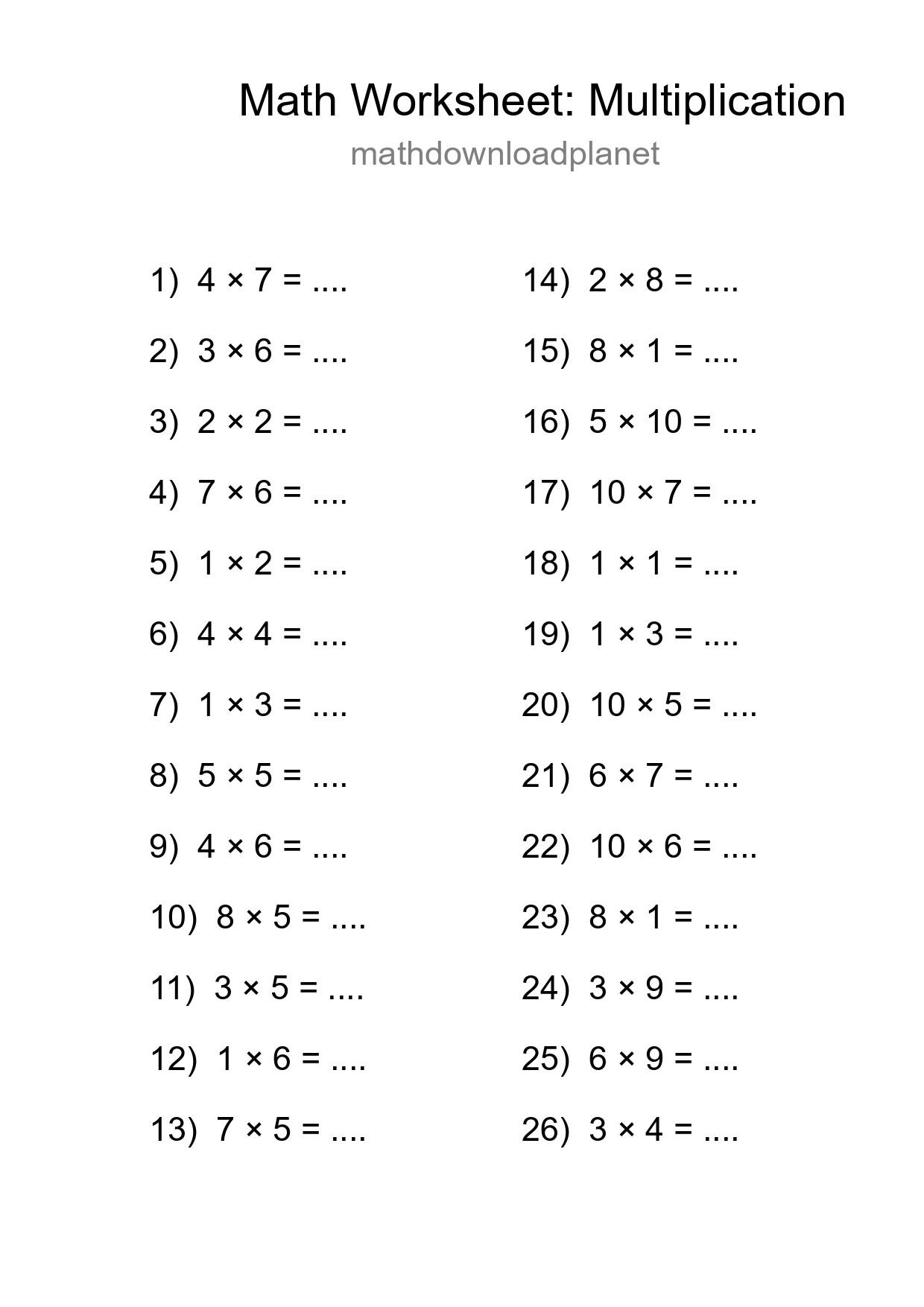 Printable Free 26 Multiplication Math Worksheet For Grade 1 - Part 40