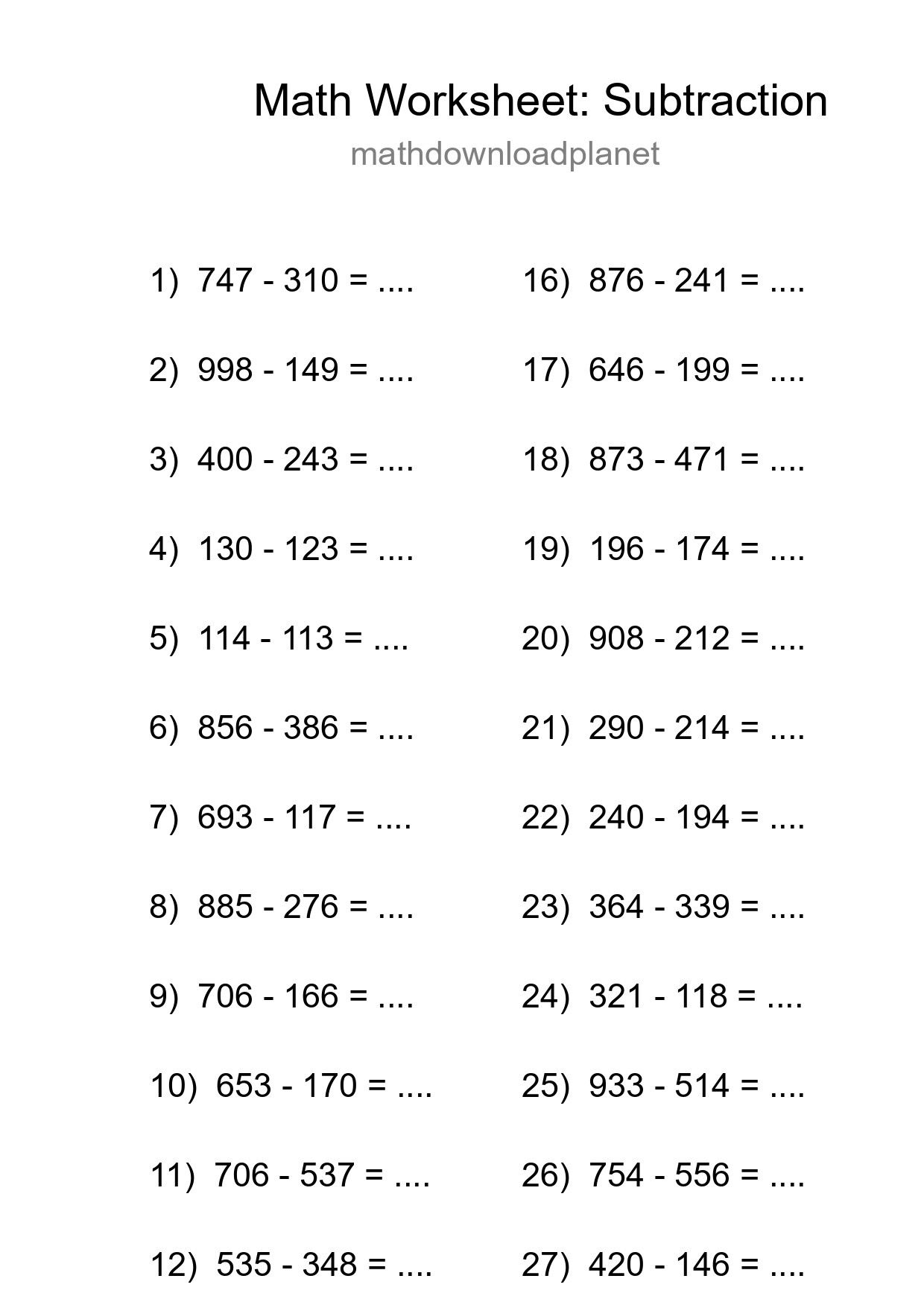 Printable Free 30 Subtraction Math Worksheet For Grade 5 - Part 52